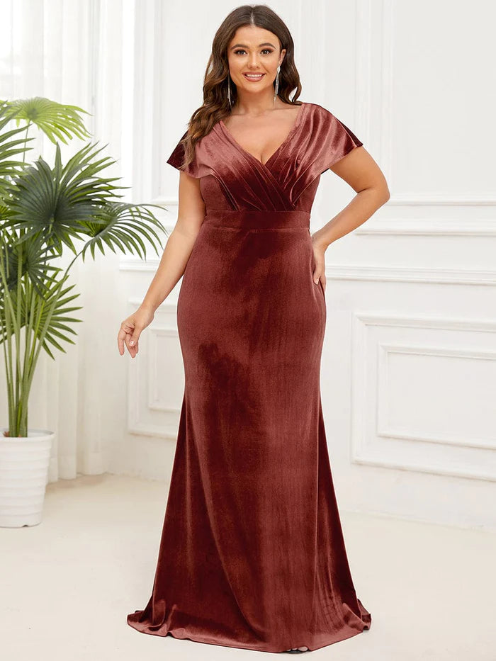 Wholesa Elegant Sequin Spaghetti Strap A-Line Evening Dress Plus Size Velvet Pleated V-Neck Cap Sleeve Column Floor-Length Evening Dress