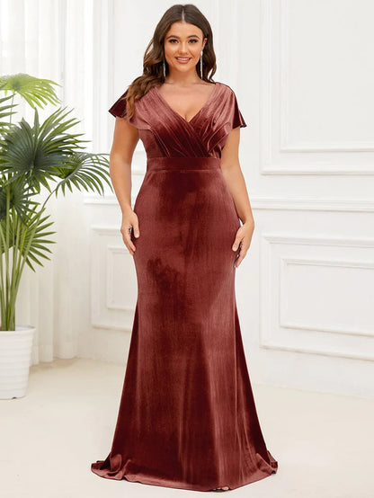 Wholesa Elegant Sequin Spaghetti Strap A-Line Evening Dress Plus Size Velvet Pleated V-Neck Cap Sleeve Column Floor-Length Evening Dress