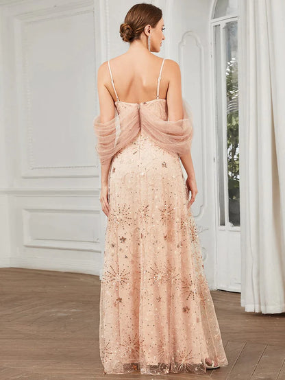 Wholesa Draped Cold Shoulder Sequin Tulle A-Line Evening Dress