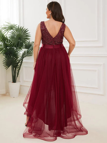 Wholesa Custom Size Sequin Sleeveless Ribbon Waist Tulle High Low Evening Dress