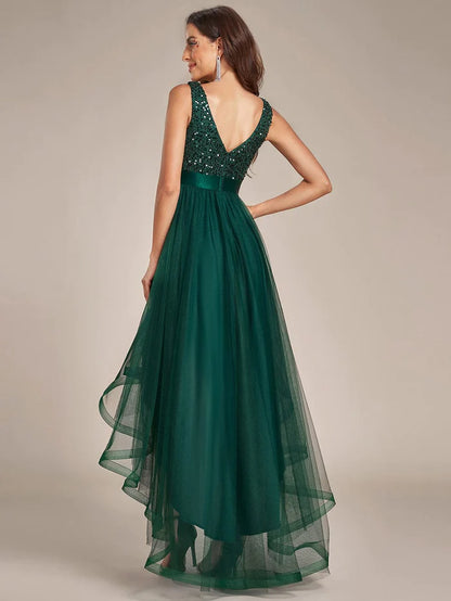 Wholesa Sequin V-Neck Sleeveless High Low Evening Dress