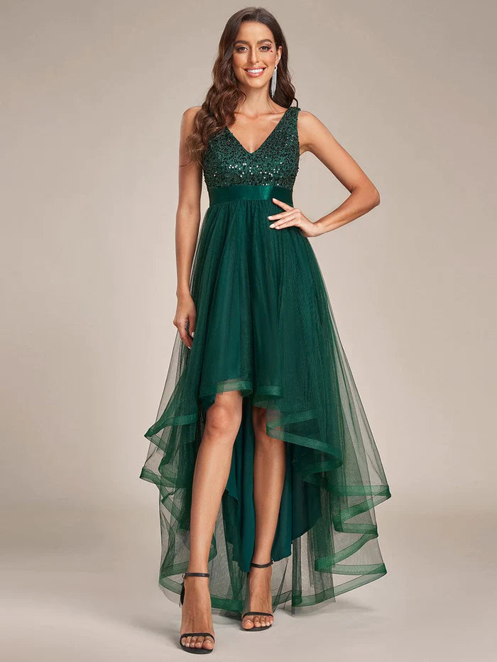 Wholesa Sequin V-Neck Sleeveless High Low Evening Dress