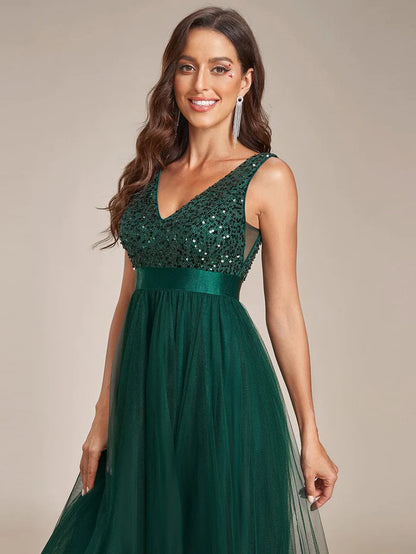 Wholesa Sequin V-Neck Sleeveless High Low Evening Dress