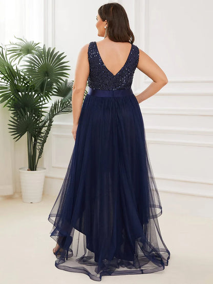 Wholesa Custom Size Sequin Sleeveless Ribbon Waist Tulle High Low Evening Dress