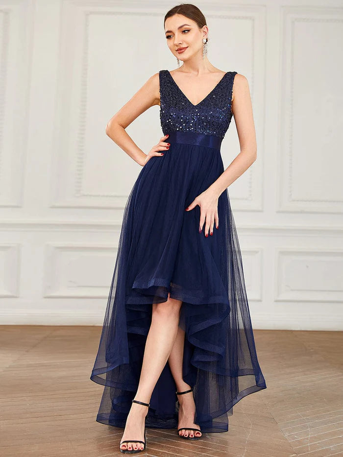 Wholesa Sequin V-Neck Sleeveless High Low Evening Dress