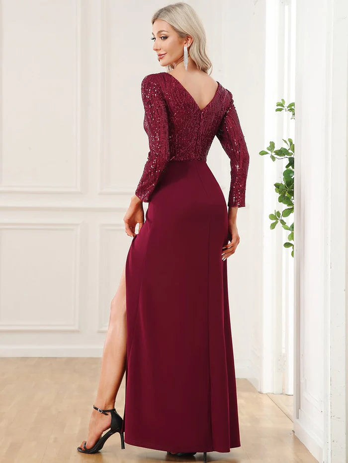 Wholesa Sequin V-Neck Long Sleeve High Slit Evening Dress