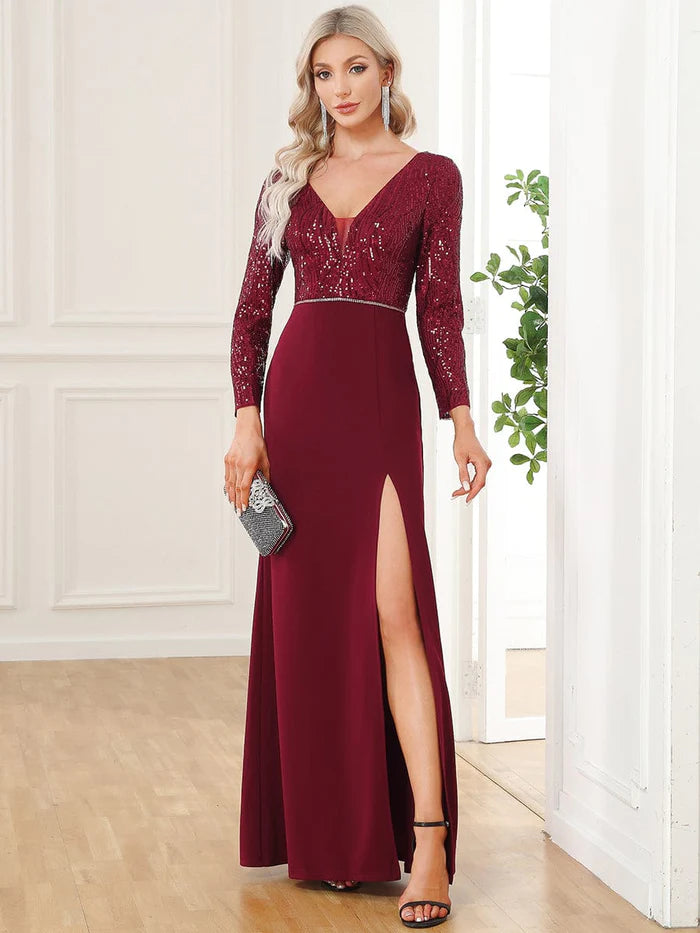 Wholesa Sequin V-Neck Long Sleeve High Slit Evening Dress