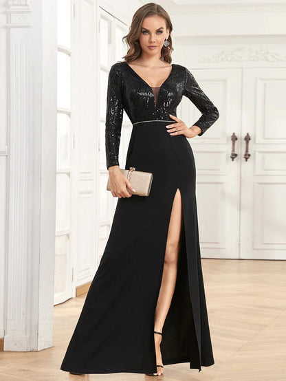 Wholesa Sequin V-Neck Long Sleeve High Slit Evening Dress