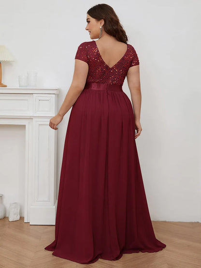 Wholesa Plus Size V-Neck Cap Sleeve Sequins Chiffon Maxi Evening Dress