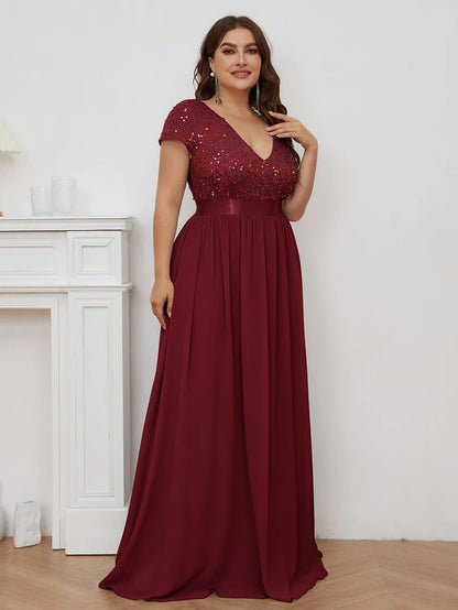 Wholesa Plus Size V-Neck Cap Sleeve Sequins Chiffon Maxi Evening Dress