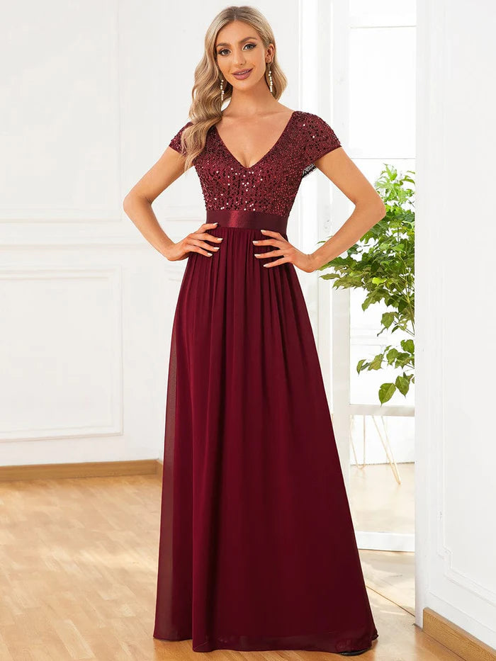 Wholesa V-Neck Cap Sleeve Sequin & Chiffon Empire Waist Evening Dress