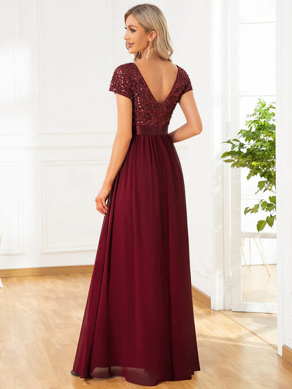 Wholesa V-Neck Cap Sleeve Sequin & Chiffon Empire Waist Evening Dress