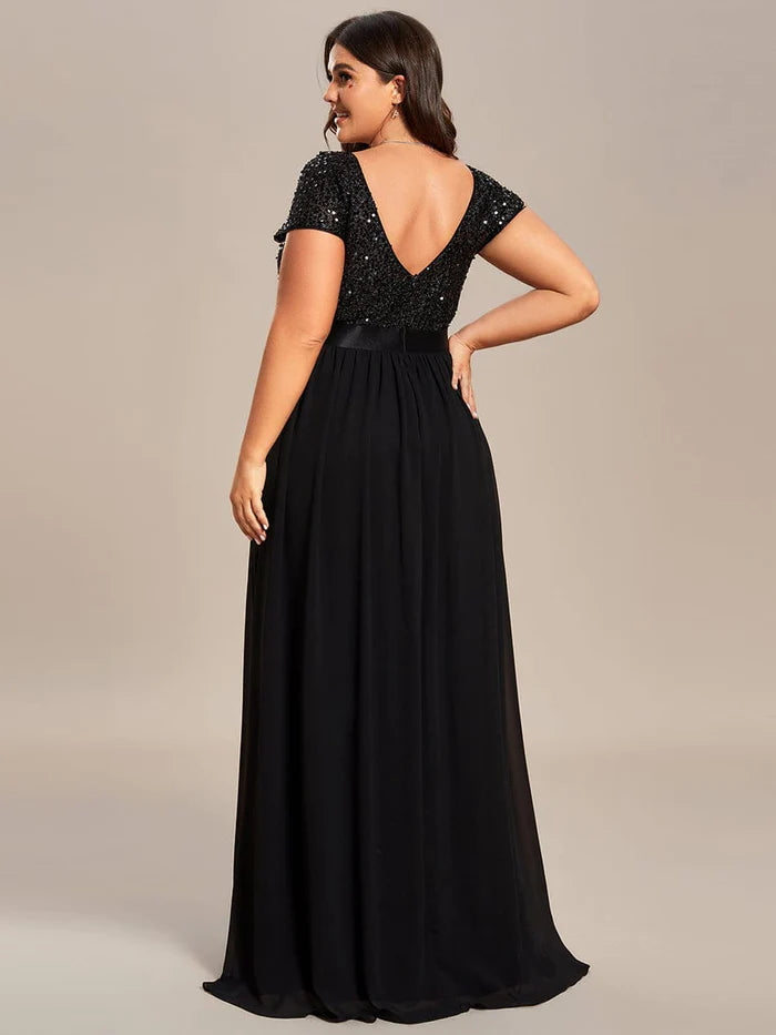 Wholesa Plus Size V-Neck Cap Sleeve Sequins Chiffon Maxi Evening Dress