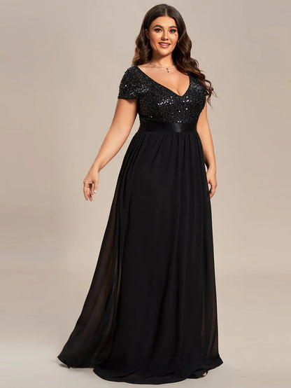 Wholesa Plus Size V-Neck Cap Sleeve Sequins Chiffon Maxi Evening Dress