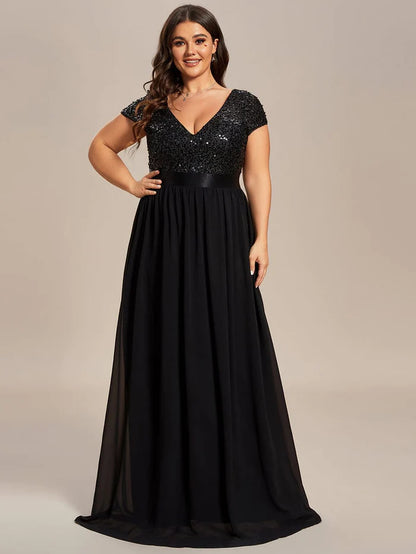 Wholesa Plus Size V-Neck Cap Sleeve Sequins Chiffon Maxi Evening Dress