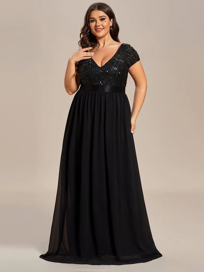 Wholesa Plus Size V-Neck Cap Sleeve Sequins Chiffon Maxi Evening Dress