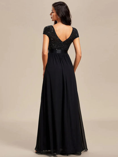 Wholesa V-Neck Cap Sleeve Sequin & Chiffon Empire Waist Evening Dress