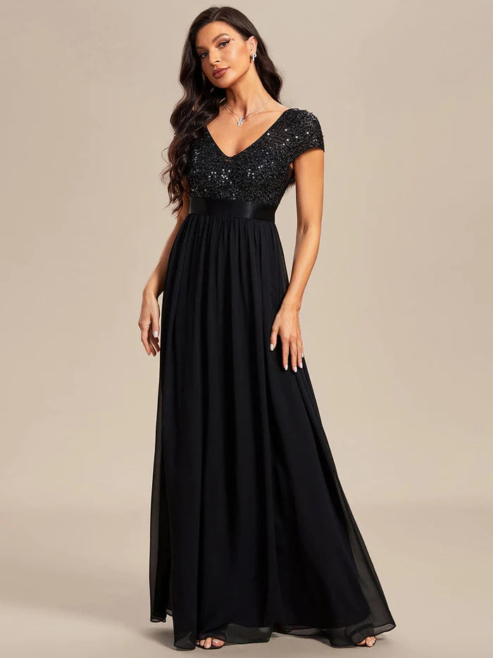 Wholesa V-Neck Cap Sleeve Sequin & Chiffon Empire Waist Evening Dress