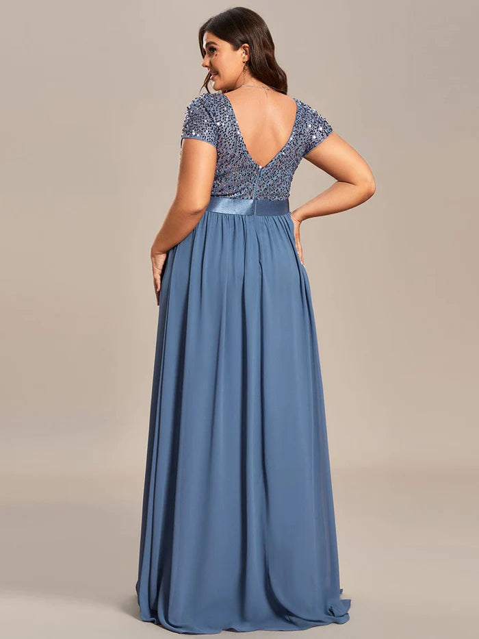 Wholesa Plus Size V-Neck Cap Sleeve Sequins Chiffon Maxi Evening Dress