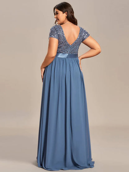 Wholesa Plus Size V-Neck Cap Sleeve Sequins Chiffon Maxi Evening Dress