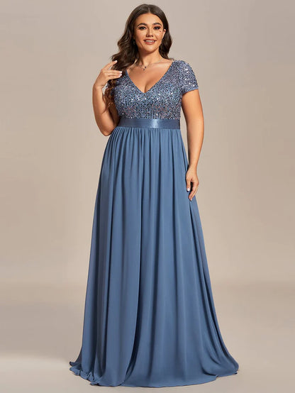 Wholesa Plus Size V-Neck Cap Sleeve Sequins Chiffon Maxi Evening Dress