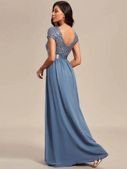 Wholesa V-Neck Cap Sleeve Sequin & Chiffon Empire Waist Evening Dress