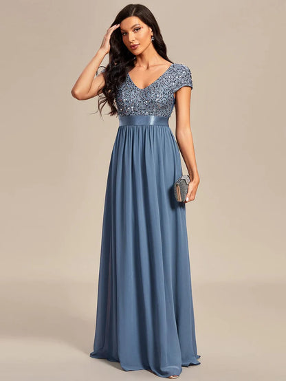 Wholesa V-Neck Cap Sleeve Sequin & Chiffon Empire Waist Evening Dress