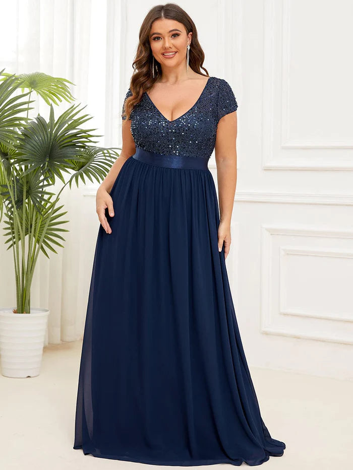 Wholesa V-Neck Cap Sleeve Sequin & Chiffon Empire Waist Evening Dress