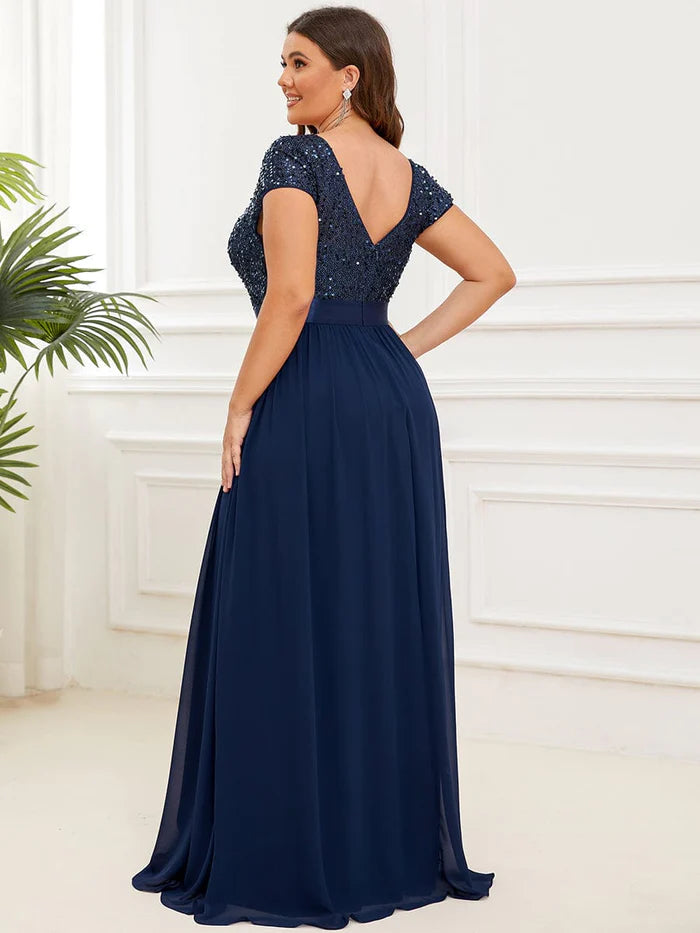 Wholesa Plus Size V-Neck Cap Sleeve Sequins Chiffon Maxi Evening Dress