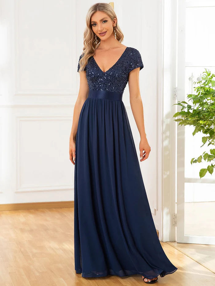 Wholesa V-Neck Cap Sleeve Sequin & Chiffon Empire Waist Evening Dress