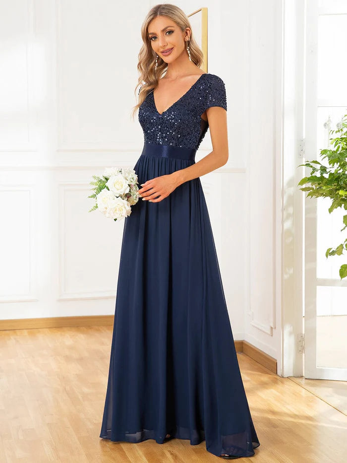 Wholesa V-Neck Cap Sleeve Sequin & Chiffon Empire Waist Evening Dress