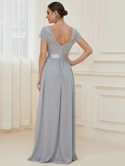 Wholesa V-Neck Cap Sleeve Sequin & Chiffon Empire Waist Evening Dress