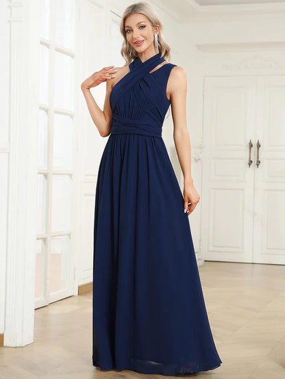 Wholesa Chiffon One Shoulder Asymmetrical Embellished Waist Multiway Evening Dress