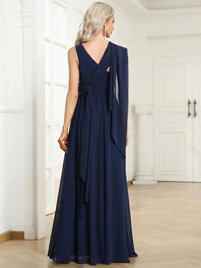 Wholesa Chiffon One Shoulder Asymmetrical Embellished Waist Multiway Evening Dress