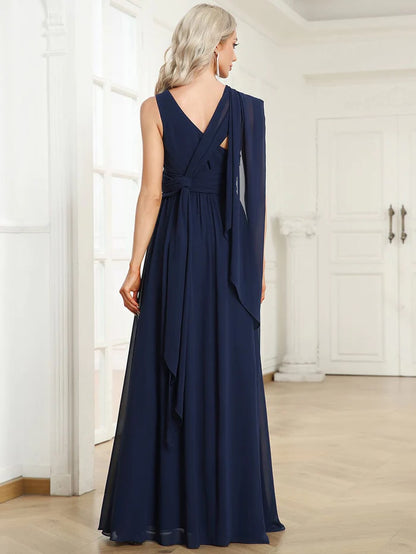 Wholesa Chiffon One Shoulder Asymmetrical Embellished Waist Multiway Evening Dress