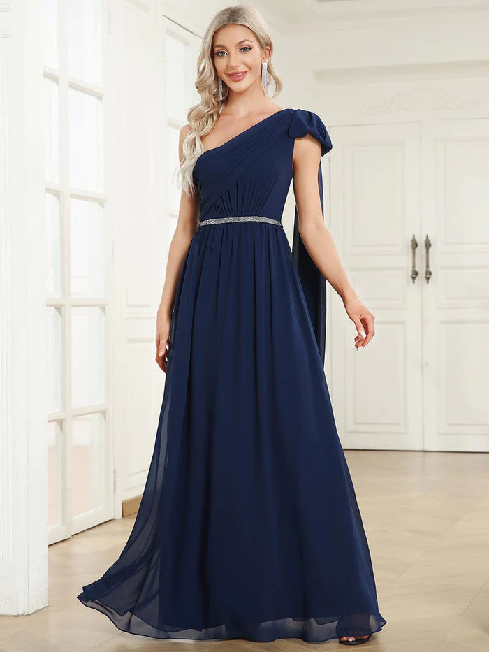 Wholesa Chiffon One Shoulder Asymmetrical Embellished Waist Multiway Evening Dress