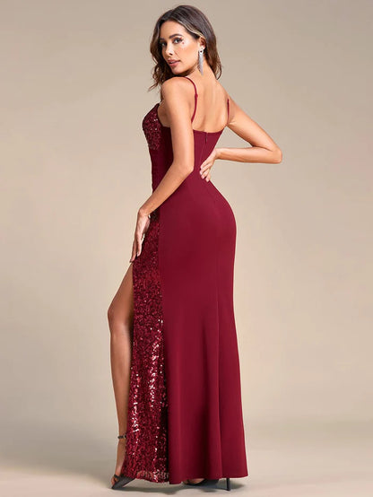 Wholesa Sequin Spaghetti Strap Bodycon Front Slit Evening Dress