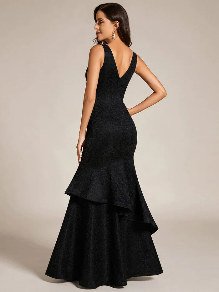 Wholesa Custom Size Sleeveless V-Neck Ruffle Long Evening Dress