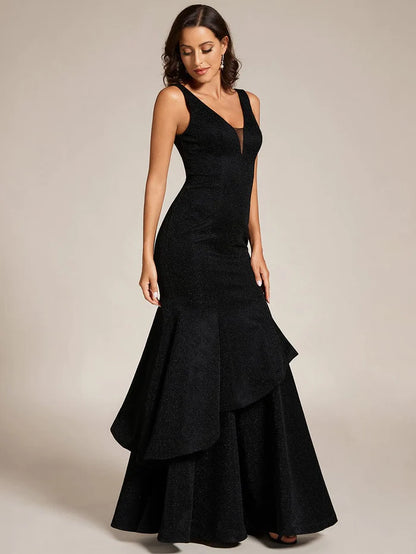 Wholesa Custom Size Sleeveless V-Neck Ruffle Long Evening Dress