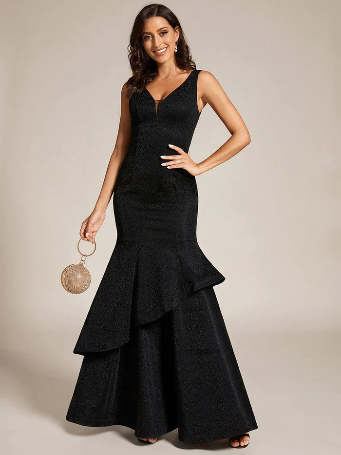 Wholesa Custom Size Sleeveless V-Neck Ruffle Long Evening Dress