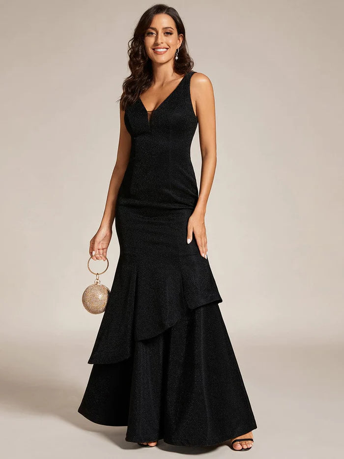 Wholesa Custom Size Sleeveless V-Neck Ruffle Long Evening Dress