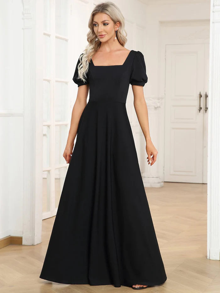 Wholesa A-Line Floor-Length Square Neck Caged Back Evening Dress