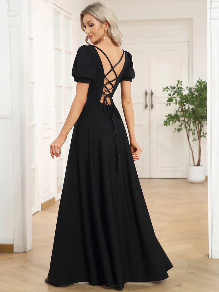 Wholesa A-Line Floor-Length Square Neck Caged Back Evening Dress