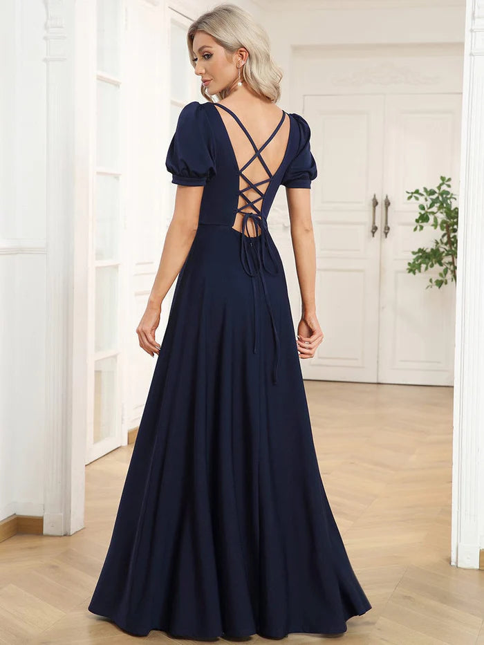 Wholesa A-Line Floor-Length Square Neck Caged Back Evening Dress