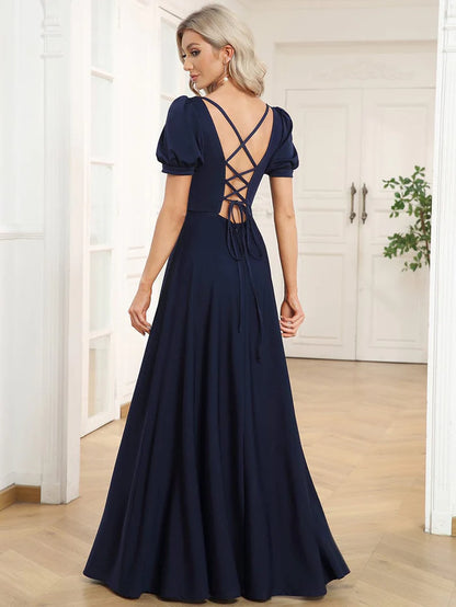 Wholesa A-Line Floor-Length Square Neck Caged Back Evening Dress