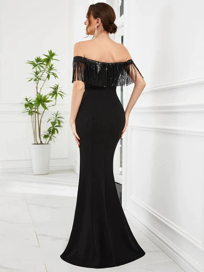 Wholesa Fringe Off-Shoulder Beaded Bodycon Fishtail Evening Dress