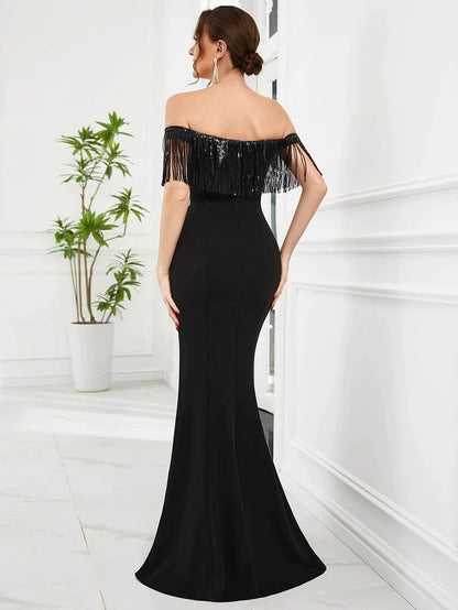 Wholesa Fringe Off-Shoulder Beaded Bodycon Fishtail Evening Dress