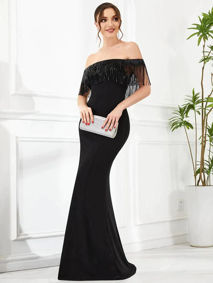 Wholesa Fringe Off-Shoulder Beaded Bodycon Fishtail Evening Dress