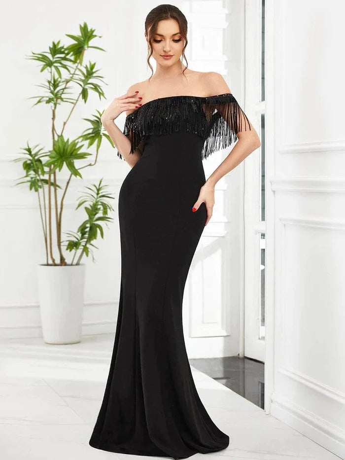 Wholesa Fringe Off-Shoulder Beaded Bodycon Fishtail Evening Dress