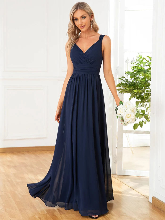 Wholesa Sleeveless Chiffon Tie Waist V-Neck A-Line Evening Dress